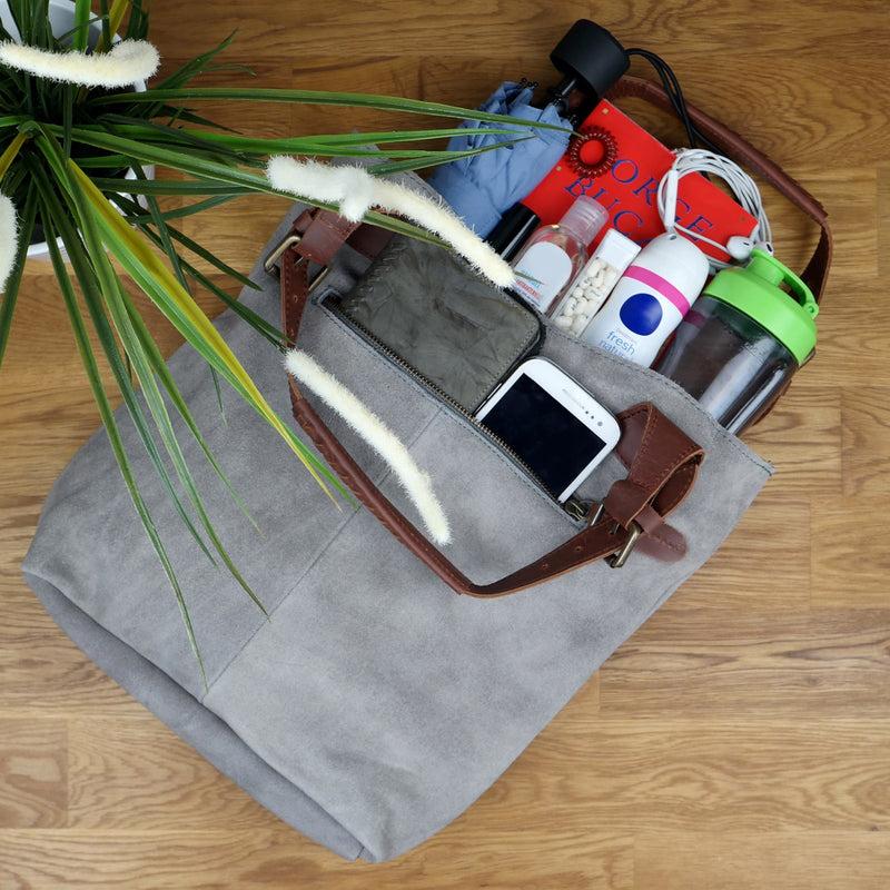 Leconi Henkeltasche Damentasche Veloursleder Leder grau LE0033 Exklusivangebot
