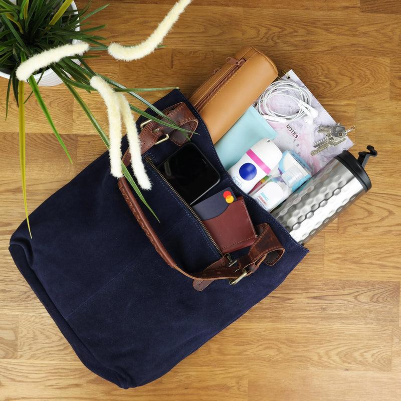 Leconi Henkeltasche Damentasche Veloursleder Leder navy LE0033 Preisnachlass