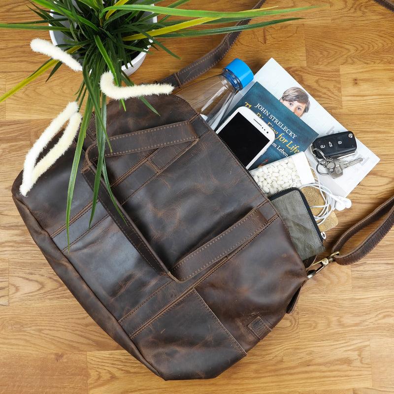 Leconi Shopper Schultertasche Henkeltasche Leder schlamm LE0034 Lagerräumung