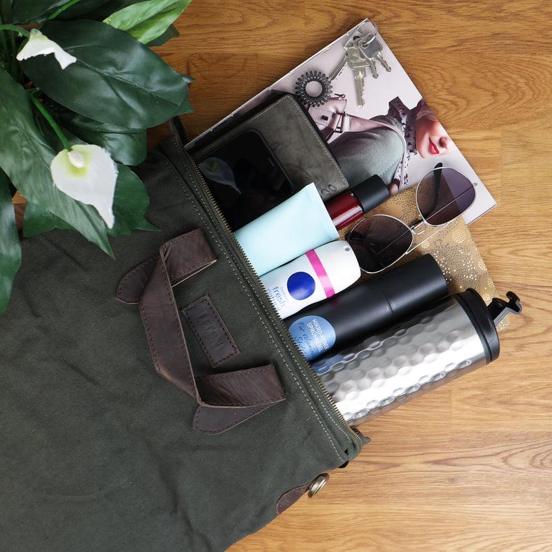 Leconi Shopper Henkeltasche Damen Canvas Leder grün LE0037 Online Outlet