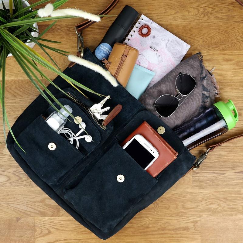 Leconi Schultertasche Umhängetasche Ledertasche Veloursleder anthrazit LE0039 Blitzangebot