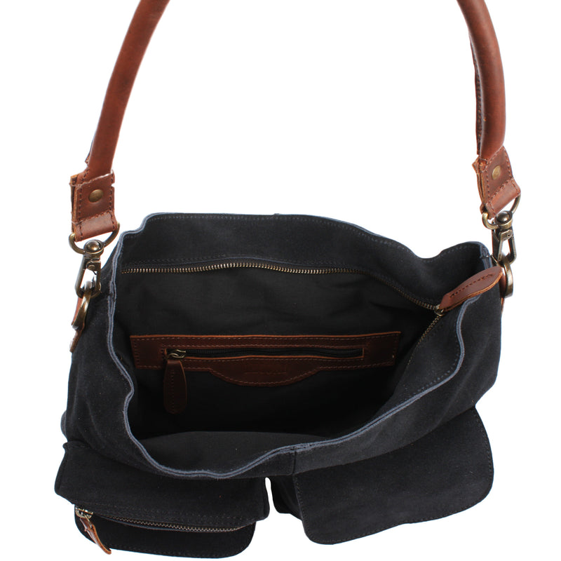 Leconi Schultertasche Umhängetasche Ledertasche Veloursleder anthrazit LE0039 Blitzangebot