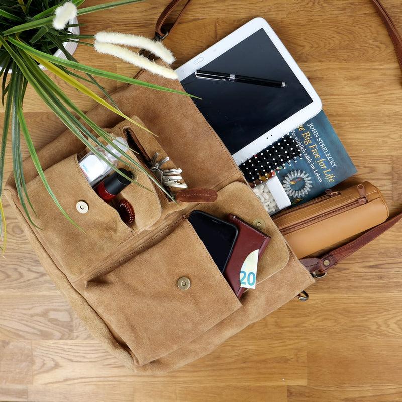 Leconi Schultertasche Umhängetasche Ledertasche Veloursleder cognac LE0039 Große Rabatte