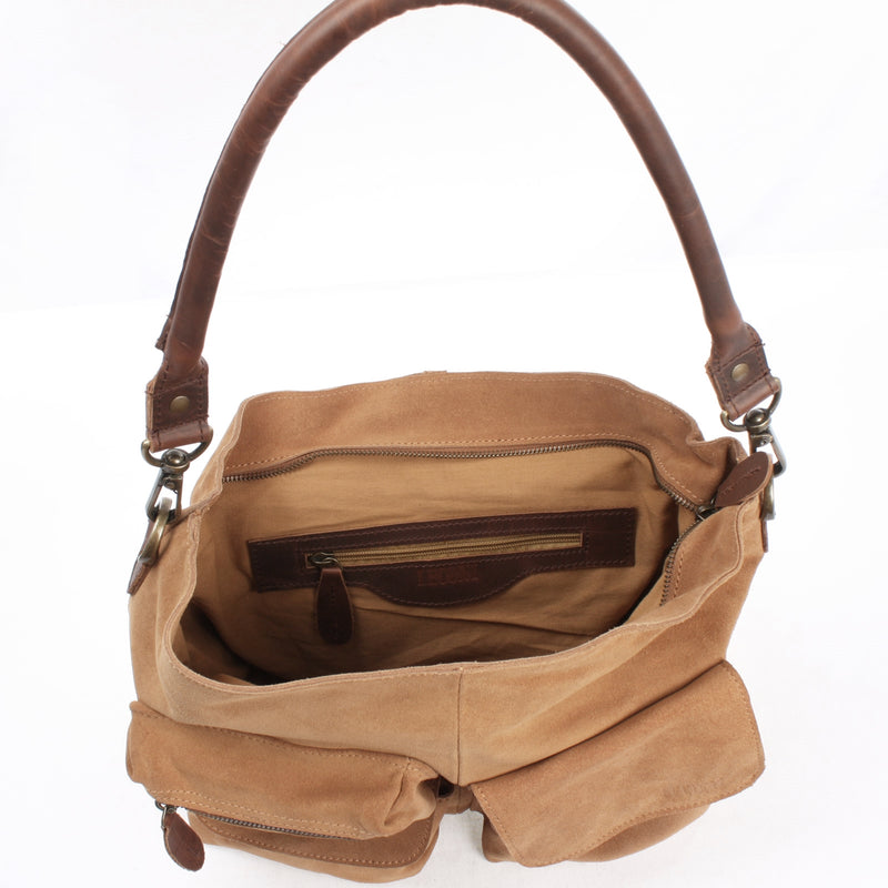 Leconi Schultertasche Umhängetasche Ledertasche Veloursleder cognac LE0039 Große Rabatte