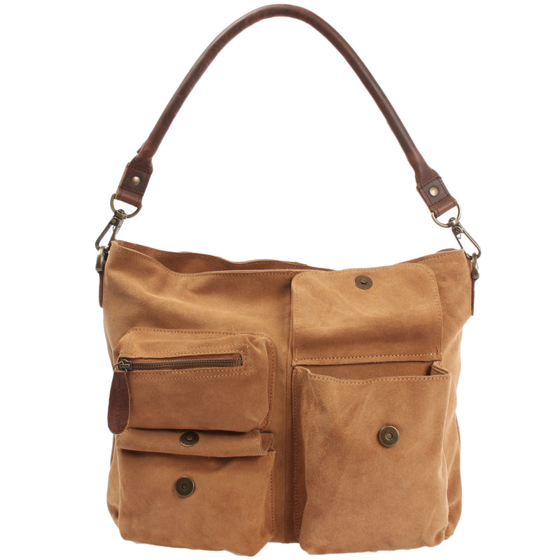 Leconi Schultertasche Umhängetasche Ledertasche Veloursleder cognac LE0039 Große Rabatte