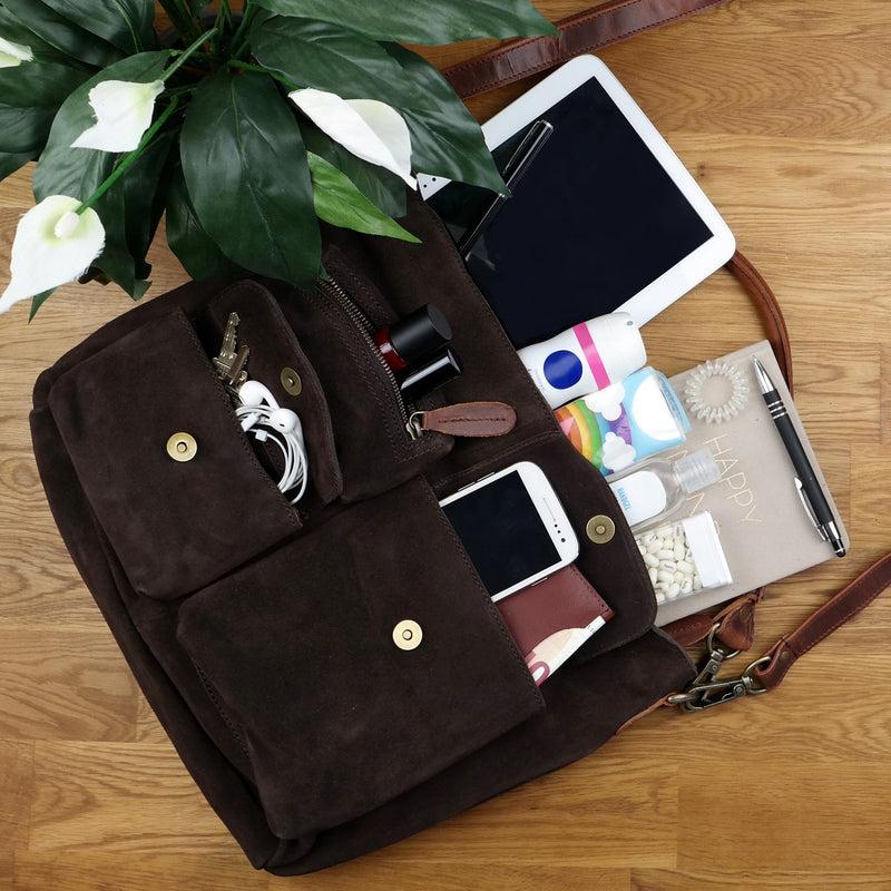 Leconi Schultertasche Umhängetasche Ledertasche Veloursleder dunkelbraun LE0039 Neuheiten