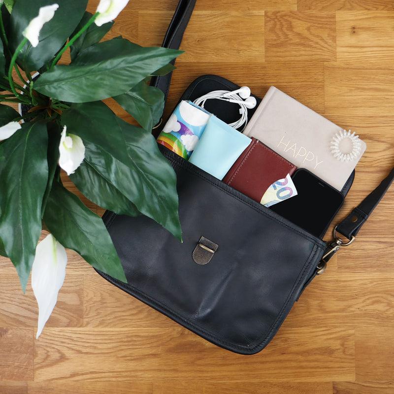 Leconi kleine Schultertasche Umhängetasche Leder Rindsleder schwarz LE3041 Kauf eins, bekomm eins gratis
