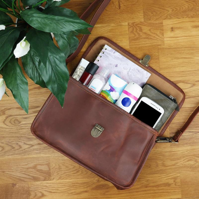 Leconi Schultertasche Umhängetasche Damen Leder gewachstes Rindsleder braun LE3044 Sonderangebote