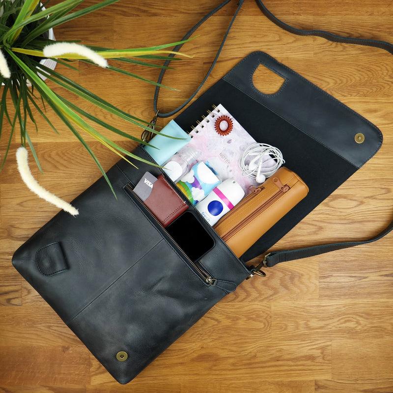 Leconi Umhängetasche Ledertasche Damen Schultertasche Leder dunkelgrau LE3073 Kostenlose Rückgabe