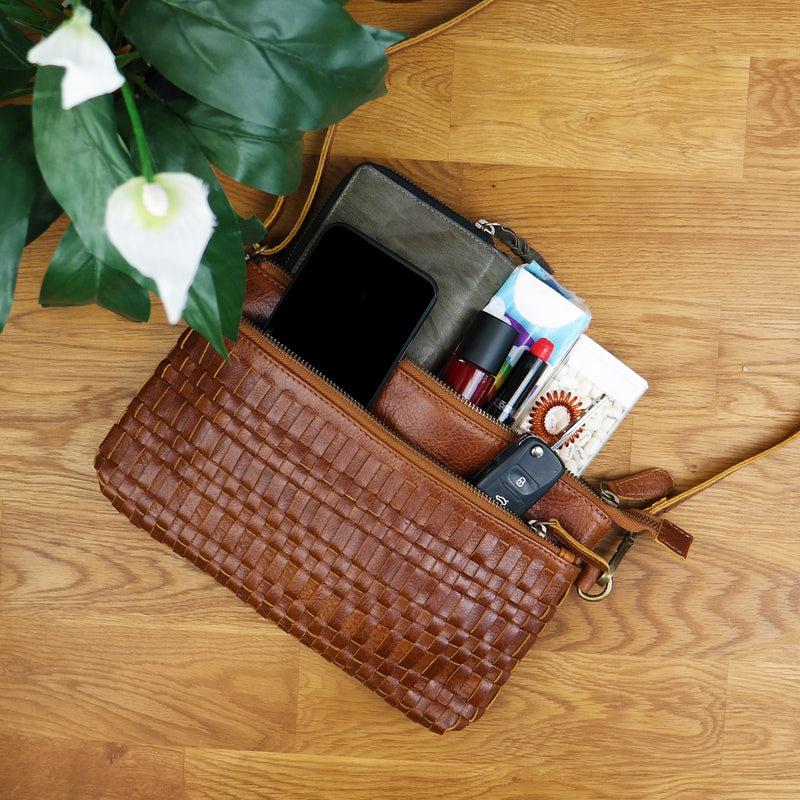 Leconi kleine Umhängetasche Schultertasche Damentasche Clutch Leder braun LE3081 Neueste Stile