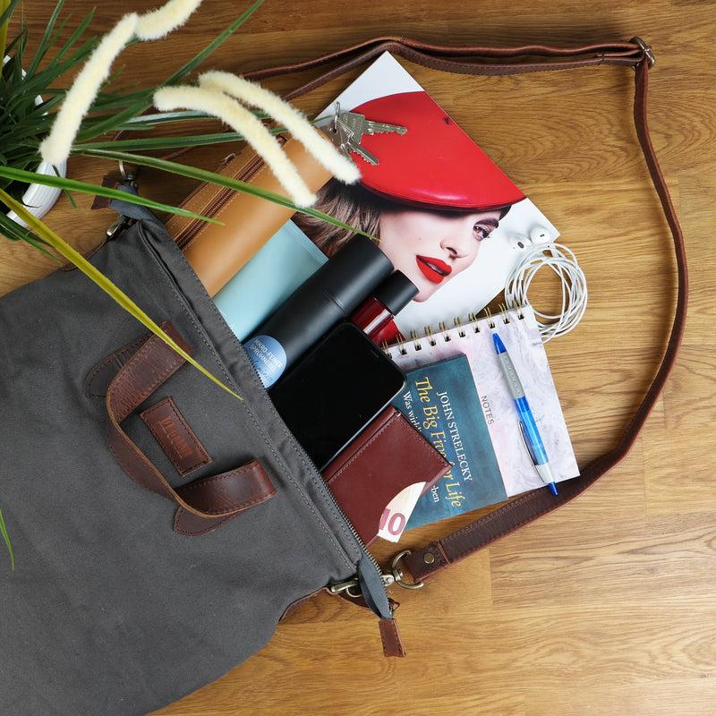 Leconi Shopper Henkeltasche Damen Canvas Leder braun grau LE0037 Nur für heute