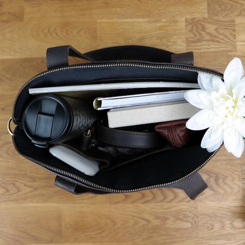 Leconi Shopper Schultertasche Damen Handtasche Ledertasche Henkeltasche Leder dunkelbraun LE0060 Vierteljährliche Förderung