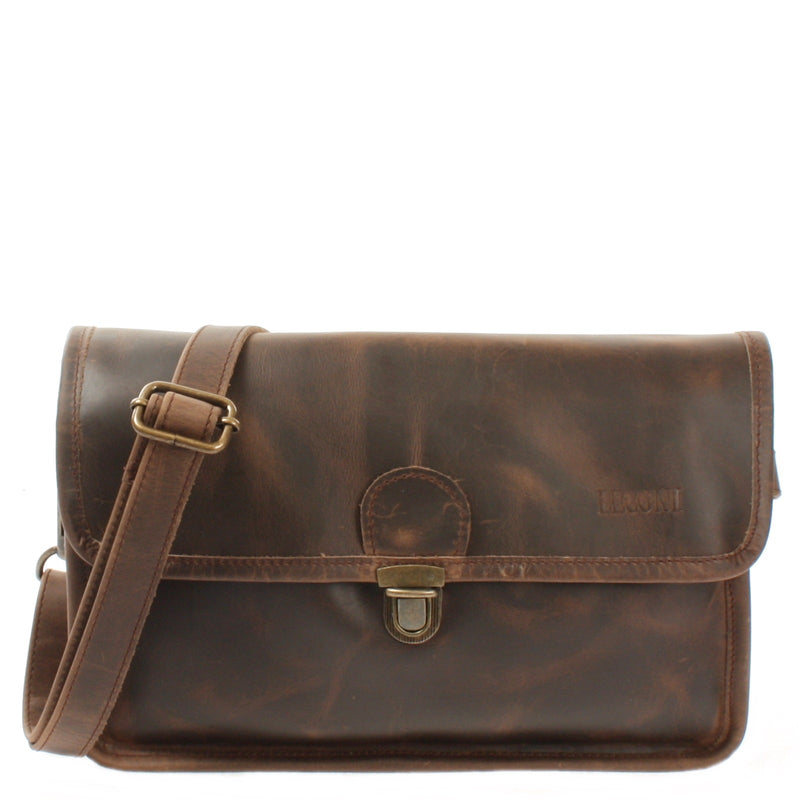 Leconi Schultertasche Umhängetasche Damen Leder gewachstes Rindsleder schlamm LE3044