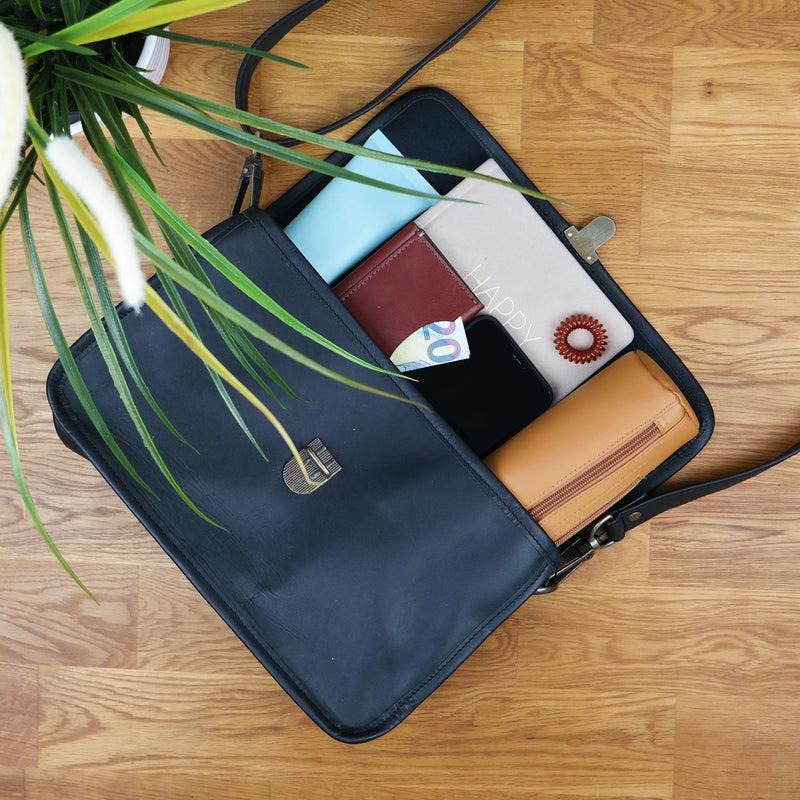 Leconi Schultertasche Umhängetasche Damen Leder gewachstes Rindsleder schwarz LE3044 Riesige Rabatte