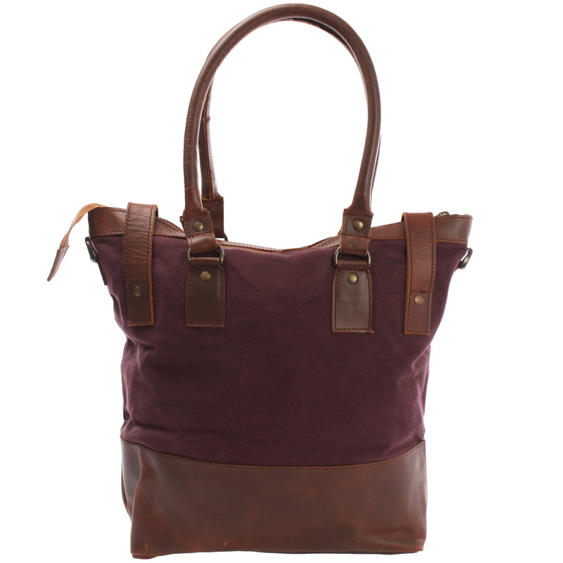 Leconi Schultertasche Handtasche kleiner Shopper Leder Canvas bordeaux LE0056 Online