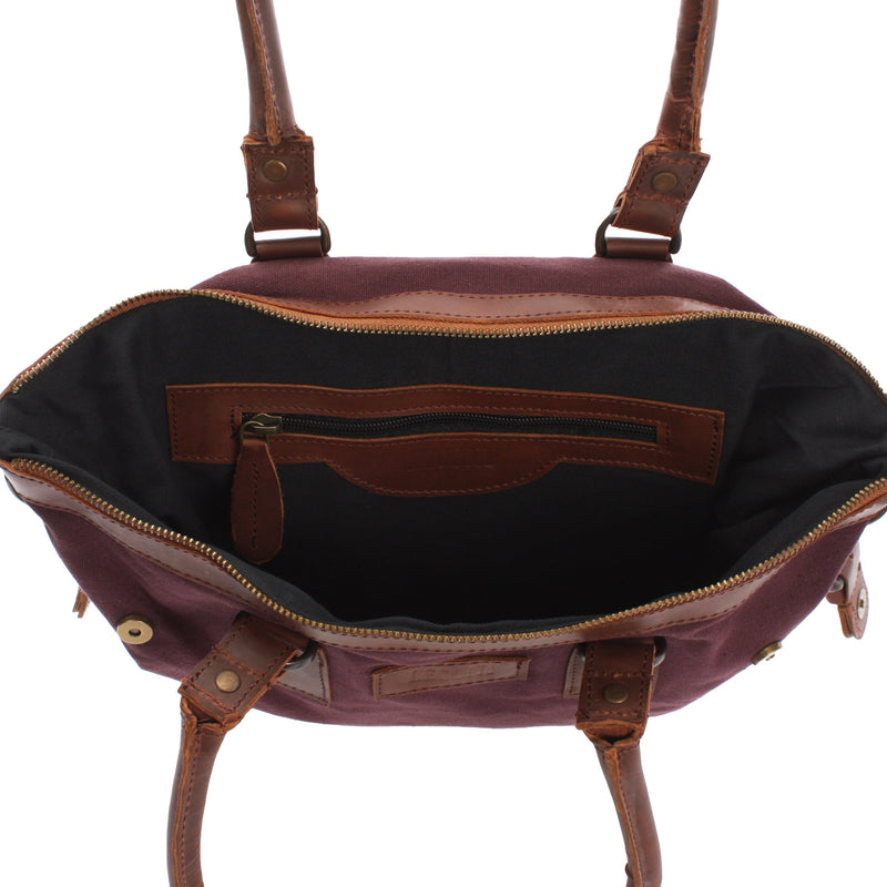 Leconi Schultertasche Handtasche kleiner Shopper Leder Canvas bordeaux LE0056 Online
