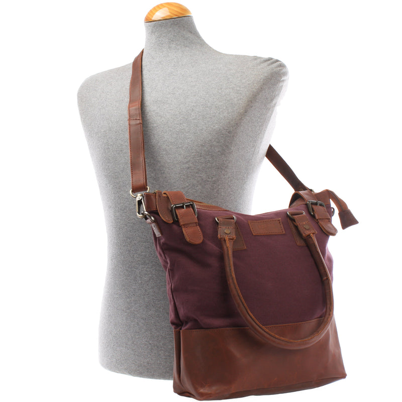 Leconi Schultertasche Handtasche kleiner Shopper Leder Canvas bordeaux LE0056 Online