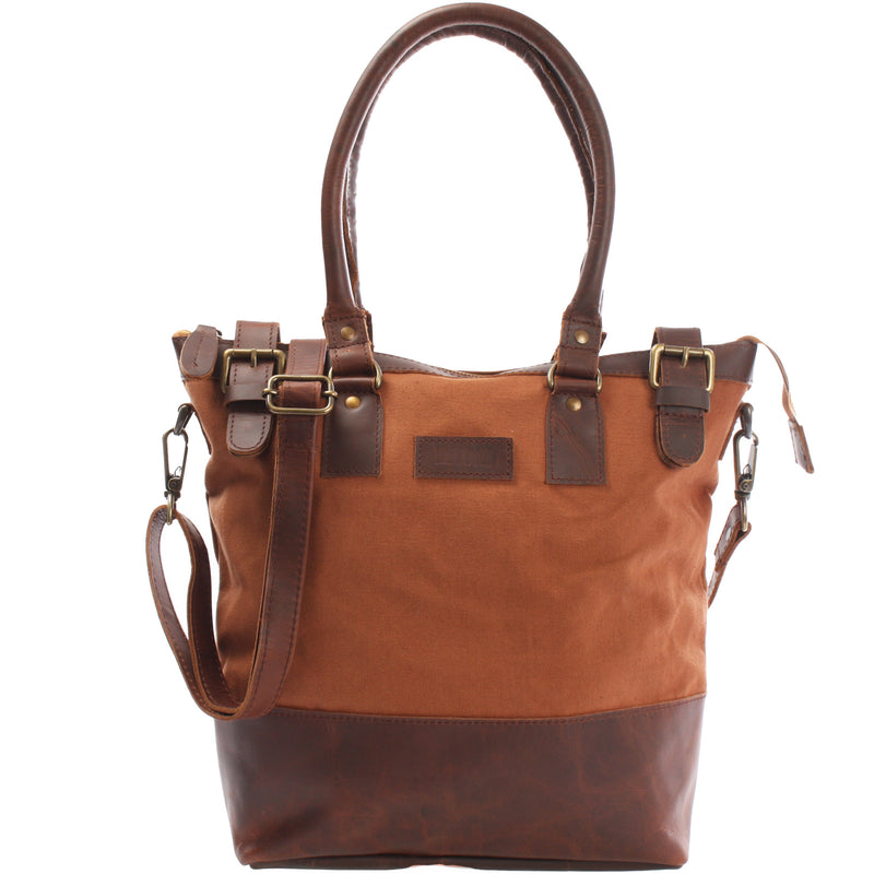 Leconi Schultertasche Handtasche kleiner Shopper Leder Canvas cognac LE0056 Outlet