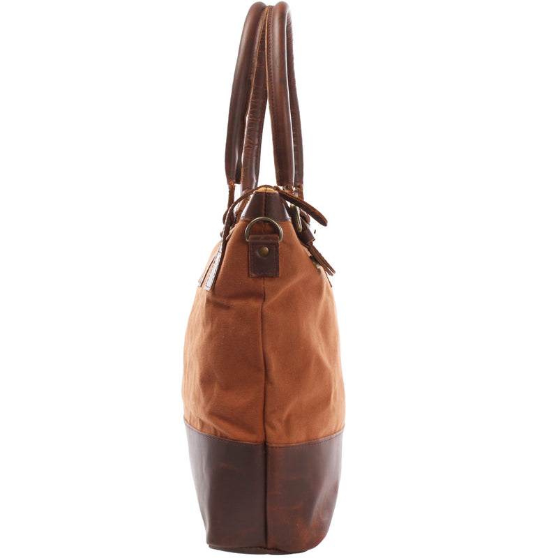 Leconi Schultertasche Handtasche kleiner Shopper Leder Canvas cognac LE0056 Outlet