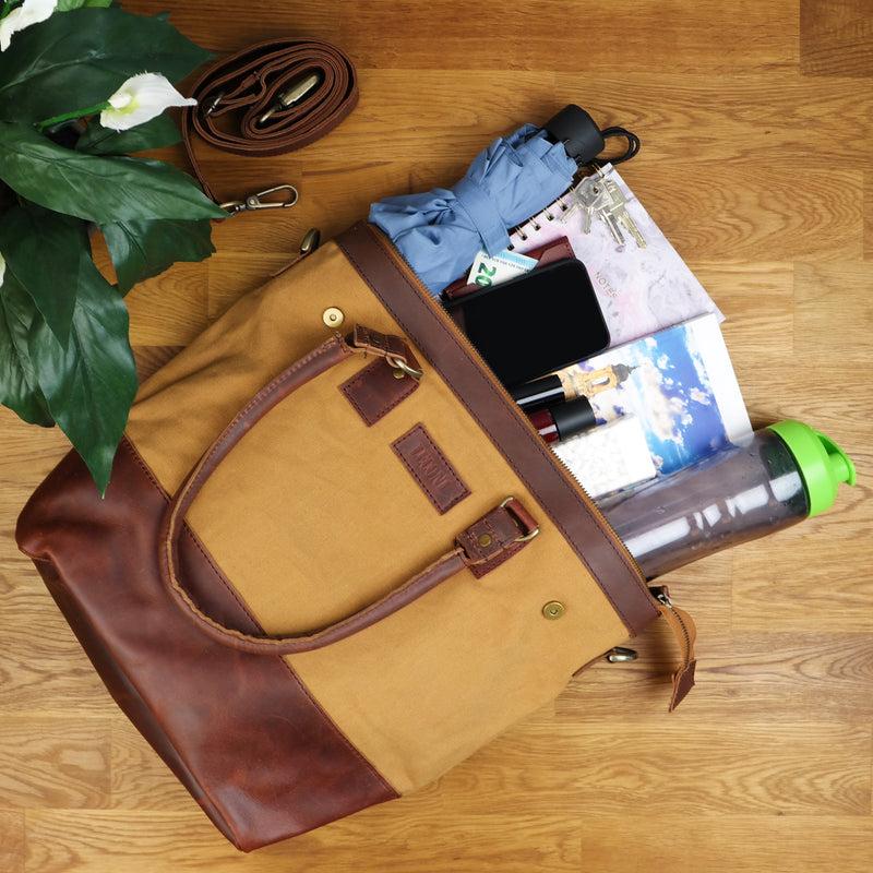 Leconi Schultertasche Handtasche kleiner Shopper Leder Canvas cognac LE0056 Outlet
