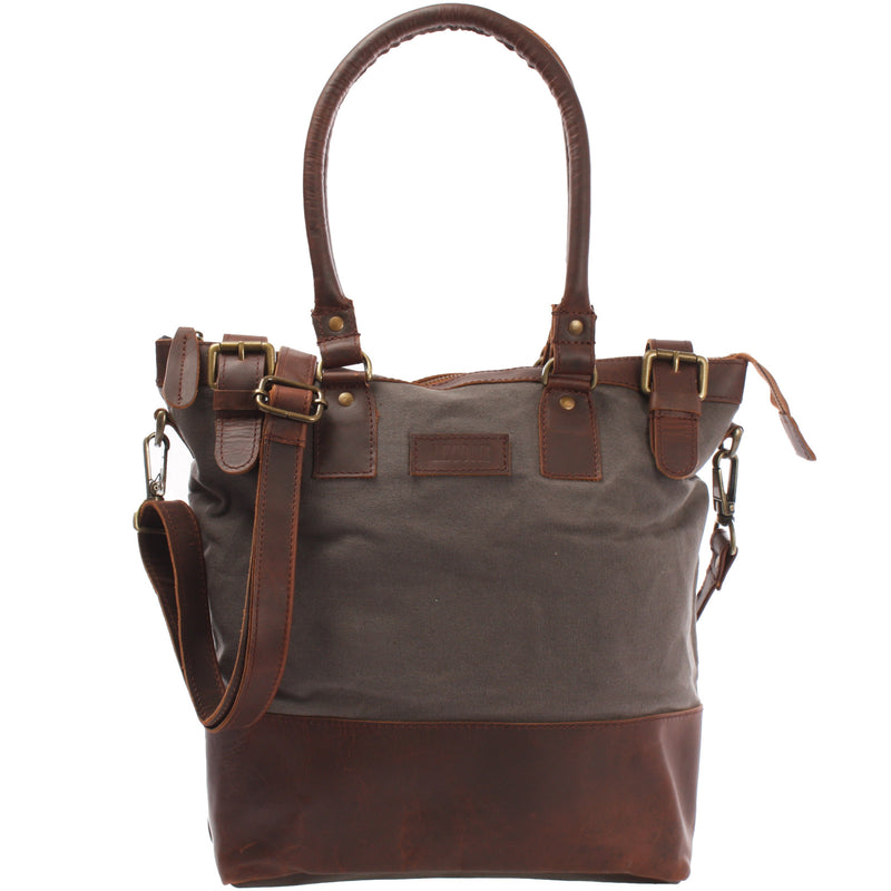 Leconi Schultertasche Handtasche kleiner Shopper Leder Canvas grau LE0056 Auslauf