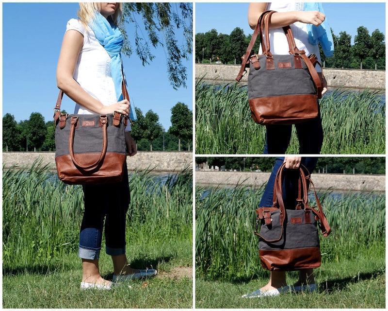 Leconi Schultertasche Handtasche kleiner Shopper Leder Canvas grau LE0056 Auslauf