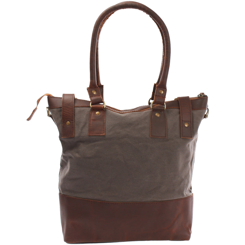 Leconi Schultertasche Handtasche kleiner Shopper Leder Canvas grau LE0056 Auslauf