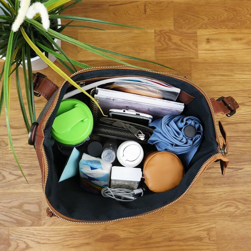 Leconi Schultertasche Handtasche kleiner Shopper Leder Canvas grau LE0056 Auslauf