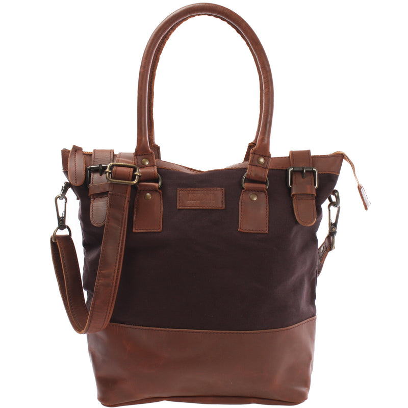Leconi Schultertasche Handtasche kleiner Shopper Leder Canvas mokka LE0056 Verkauf
