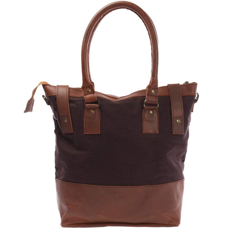 Leconi Schultertasche Handtasche kleiner Shopper Leder Canvas mokka LE0056 Verkauf