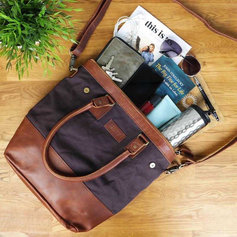 Leconi Schultertasche Handtasche kleiner Shopper Leder Canvas mokka LE0056 Verkauf