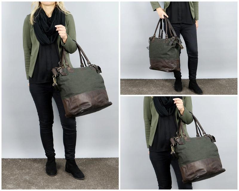 Leconi XXL Shopper Schultertasche Beuteltasche Leder Canvas grün LE2005 Schlussverkauf