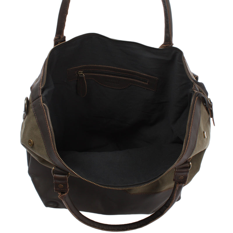 Leconi XXL Shopper Schultertasche Beuteltasche Leder Canvas grün LE2005 Schlussverkauf