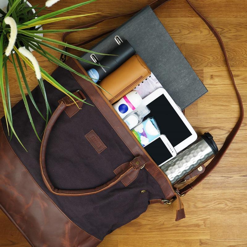 Leconi XXL Shopper Schultertasche Beuteltasche Leder Canvas mokka LE2005 Günstiger Verkauf