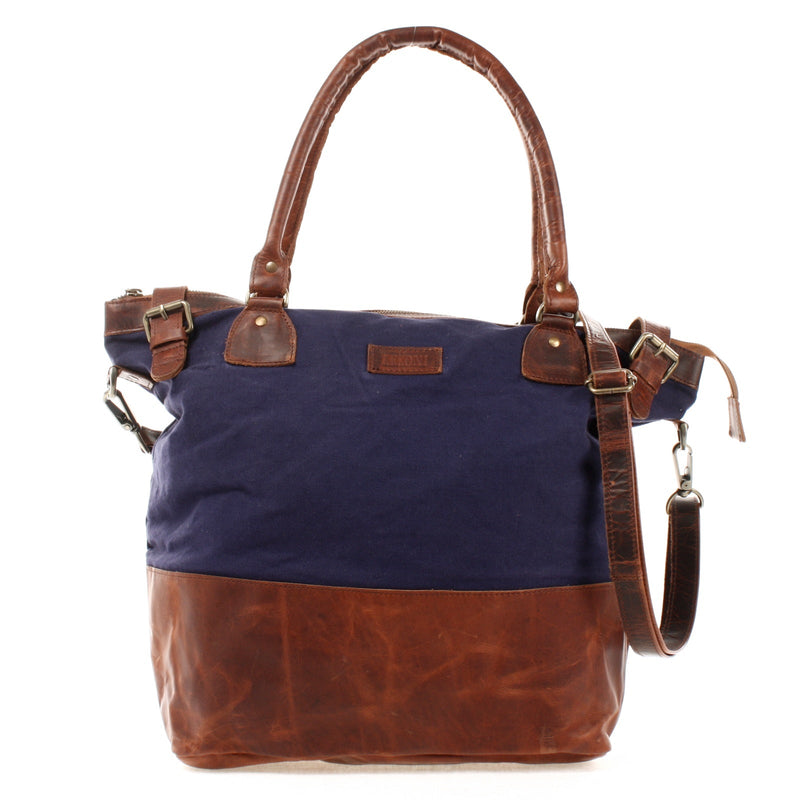 Leconi XXL Shopper Schultertasche Beuteltasche Leder Canvas navy LE2005 Fabrikverkauf