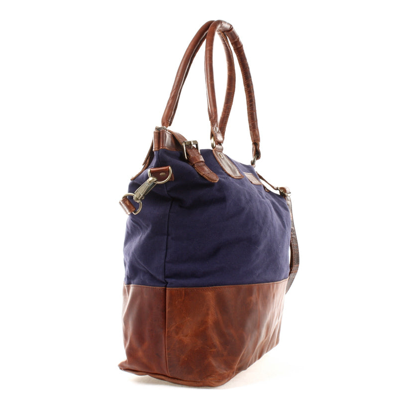 Leconi XXL Shopper Schultertasche Beuteltasche Leder Canvas navy LE2005 Fabrikverkauf