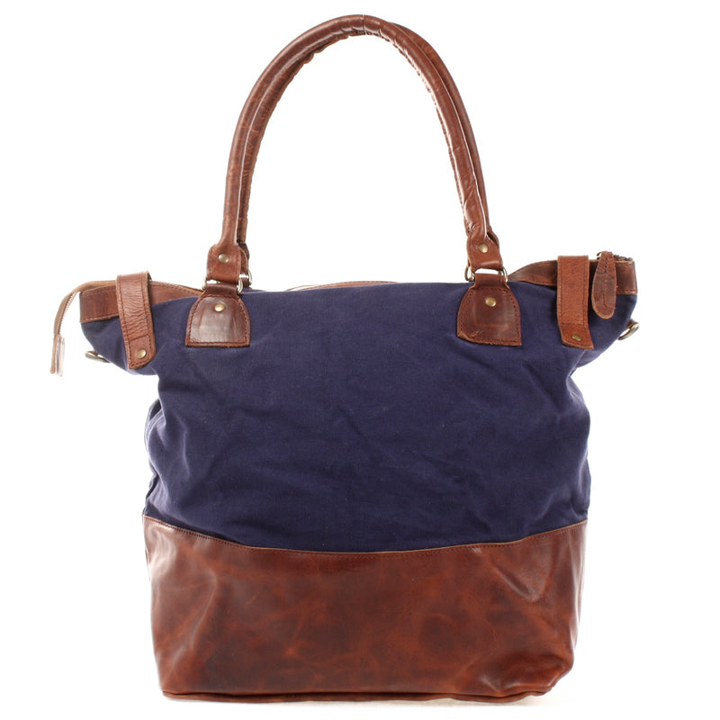 Leconi XXL Shopper Schultertasche Beuteltasche Leder Canvas navy LE2005 Fabrikverkauf