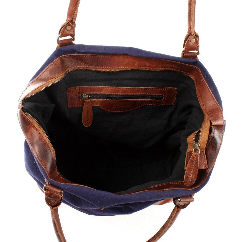 Leconi XXL Shopper Schultertasche Beuteltasche Leder Canvas navy LE2005 Fabrikverkauf