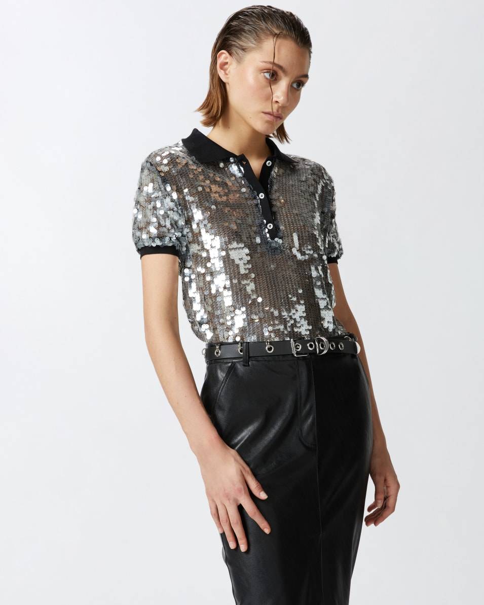 Pinko Halbtransparentes Pailletten-Poloshirt Hotsell