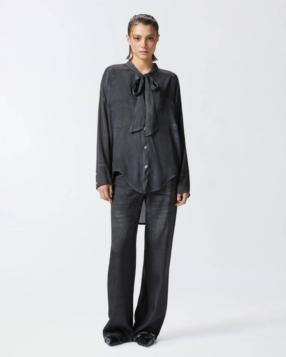 Pinko Leichte Bluse mit schwarzem Denim-Print Rabatt