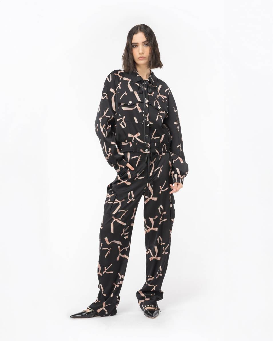 Pinko Bomberjacke aus Satin Schleifchen-Print Reimagine PINKO by Patrick McDowell im Angebot