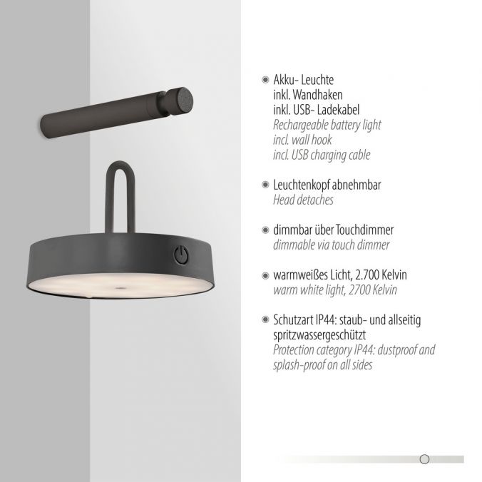 Paul Neuhaus LED Akku Wandleuchte schwarz dimmbar per Touch IP44 Memoryfunktion Sonderangebot der Fabrik