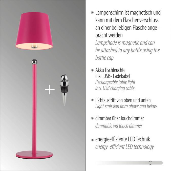 Paul Neuhaus LED Flaschenleuchte pink Akku Touchdimmer USB IP54 Tischleuchte Blitzangebot