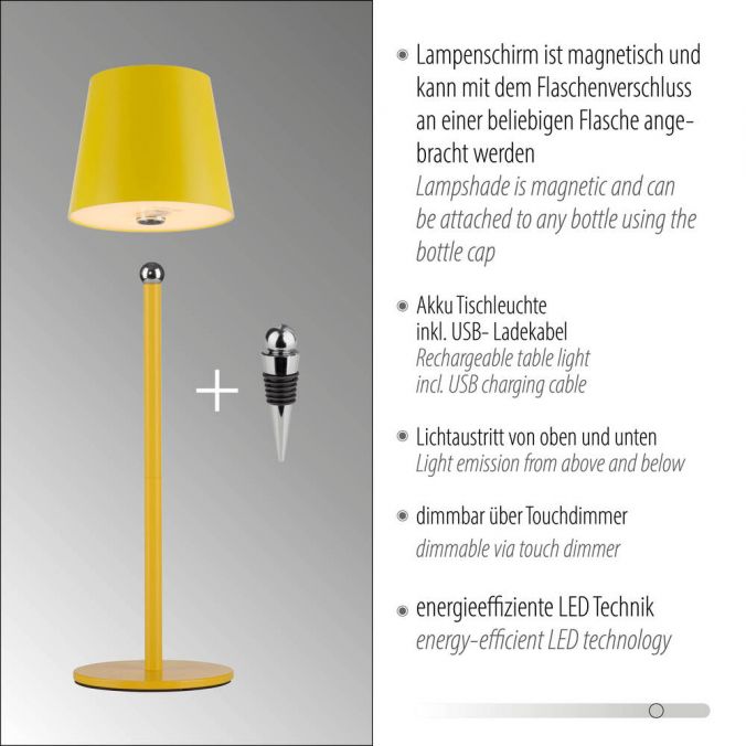 Paul Neuhaus LED Flaschenleuchte gelb Akku Touchdimmer USB IP54 Tischleuchte Neuheiten