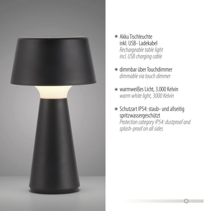 Paul Neuhaus LED Akkuleuchte Tischleuchte schwarz Touchdimmer IP54 USB Innen-Außenbereich Bestseller