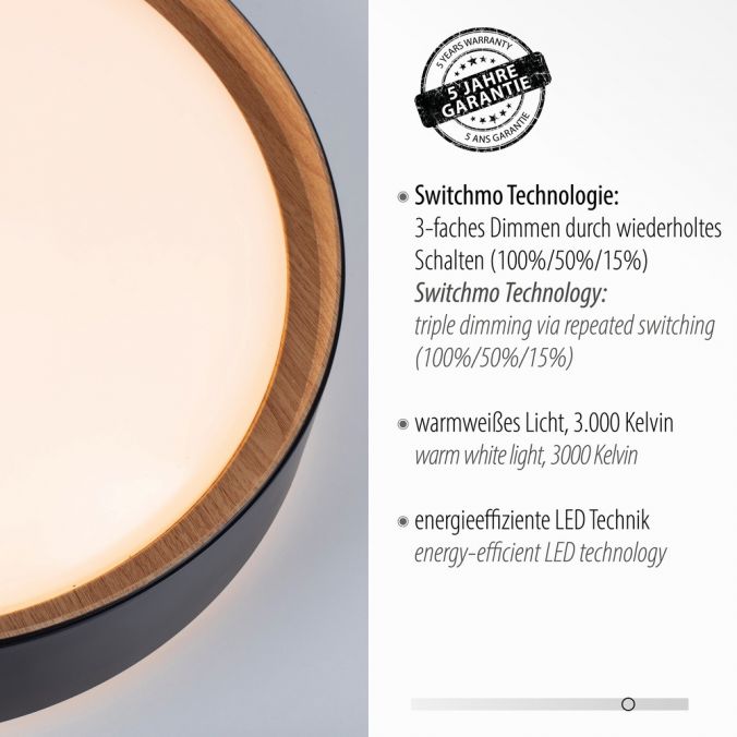 Paul Neuhaus LED Deckenleuchte, rund, schwarz, dimmbar, Holzoptik, warmweiß, Deckenlampe Letzte 2 Tage