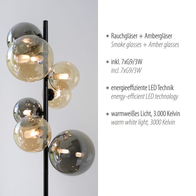 Paul Neuhaus LED Stehleuchte schwarz rund Fußschalter Rauchgläser Ambergläser Bis zu 50% Rabatt