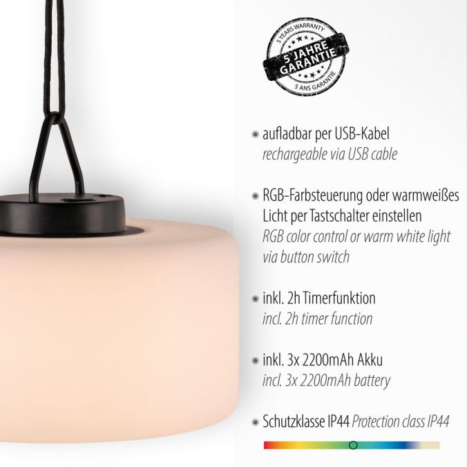 Paul Neuhaus LED-Pendelleuchte, IP44, Akkuleuchte, RGB+W, Tastschalter, inkl. USB-Kabel Fabrikverkauf
