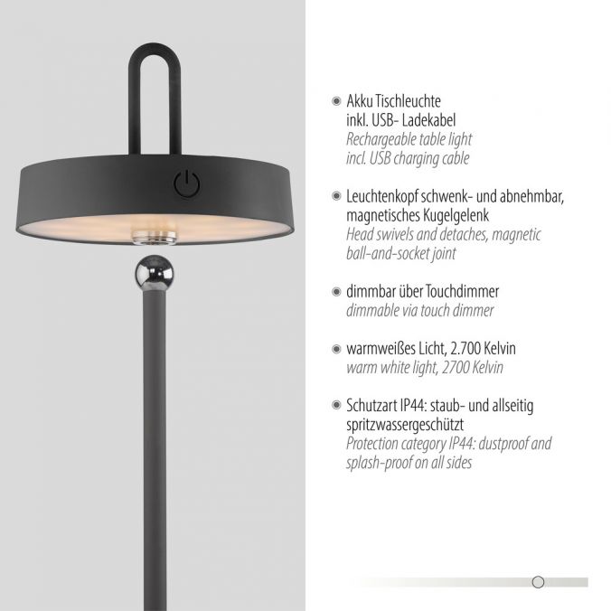 Paul Neuhaus LED Tischlampe schwarz Akku Touchdimmer spritzwassergeschützt USB Blitzverkäufe