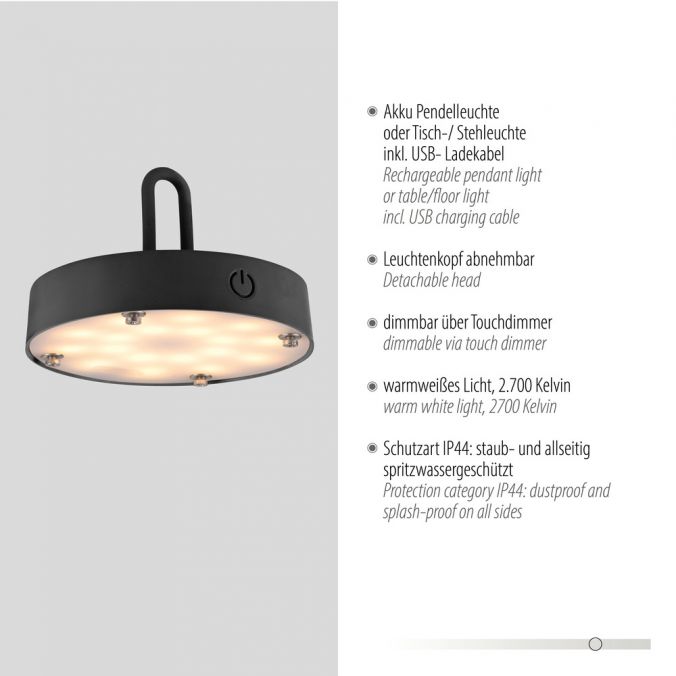 Paul Neuhaus LED Tischleuchte D=46cm schwarz Akkulampe USB IP44 dimmbar per Touch Rabatt